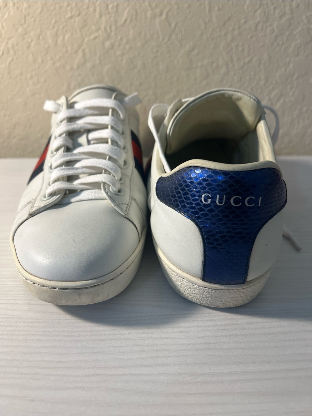 Gucci White Leather Sneakers with Blue Heel and Red-Navy Web Stripe